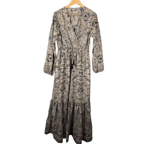 Boemo Paisley print maxi ruffle wrap boho beachy dress tan sz XL - Picture 1 of 8